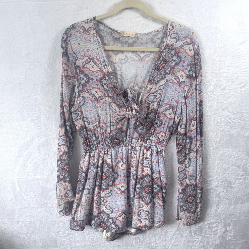 Altar'd State Womens Blue‎ Red Paisley Long Sleeve V-Neck Romper Medium